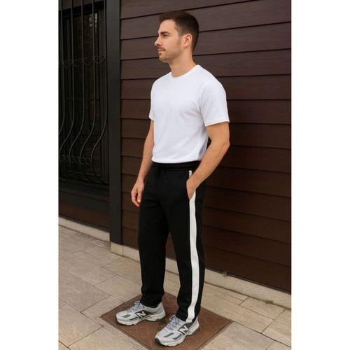 Erkek Üç İplik Kışlık Pamuklu Yandan Garneli Kalın Şeritli Cepli Eşofman Altı - Siyah