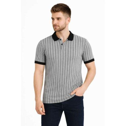 Erkek Polo Yaka Çizgili Tişört Kısa Kol Düğmeli Yazlık T-Shirt - Gri