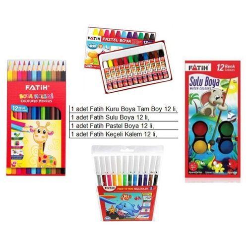 Okul Fatih Boya Seti Kuru Boya, Pastel Boya, Sulu Boya, Keçeli Kalem Boya 4 lü