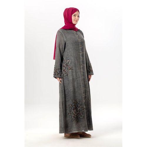 Uzun Kol Nuray Düğmeli Yuvarlak Yaka Çift Cepli Poplin Ferace Füme Fm