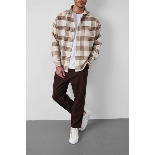 Brandon Relaxed Fit Pamuklu Geniş Çizgili Oduncu Erkek Gömlek - Açık Bej
