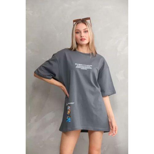 Pilelistore Unisex Bisiklet Yaka Baskılı Oversize T-Shirt - Gri