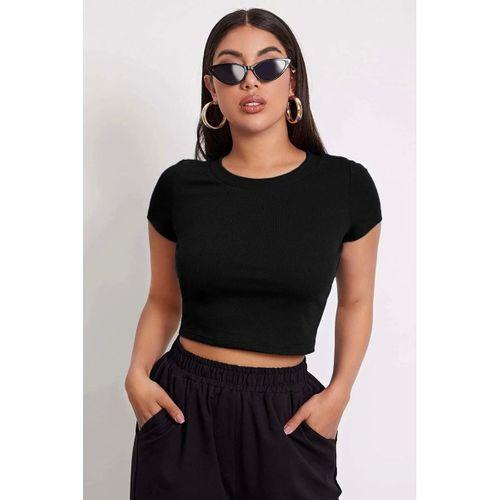 Kadın Siyah Modern Fit Yuvarlak Yaka Yarım Kol Crop Top Bluz