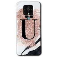 Tecno Camon 16 HD Baskılı Kılıf + 9D Tam Ekran Koruyucu - Pembe Mermer Desenli Ü Harfi