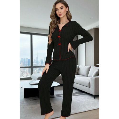Kadın Siyah Kırmızı Biyeli Fiyonk Detaylı Uzun Kollu Mevsimlik Pijama Takımı Premium Ev Giyim