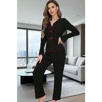 Kadın Siyah Kırmızı Biyeli Fiyonk Detaylı Uzun Kollu Mevsimlik Pijama Takımı Premium Ev Giyim