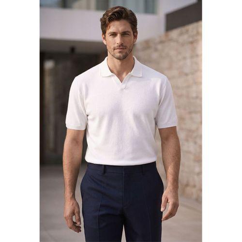 Dawson Polo V Yaka Düğmesiz Kısa Kollu İnce Triko Erkek T-Shirt - Ekru