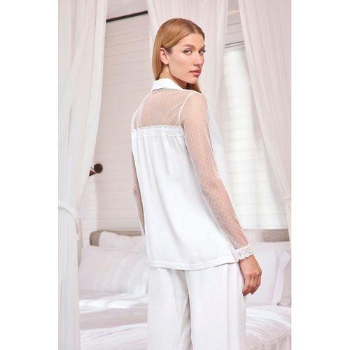 Dantelli Ve Tüllü Uzun Kollu Önü Düğmeli Saten Pijama Takımı