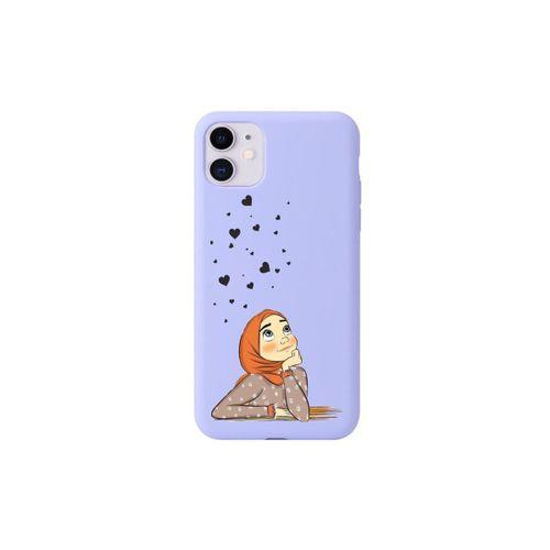 iPhone 11 Turuncu Çiçekli Tesettürlü Lila Telefon Kılıfı