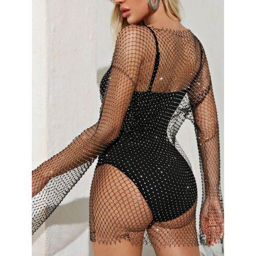 Kadın Siyah Kristal Taşlı File Kollu Kısa Elbise