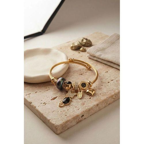 Siyah Kedi Model Gold Renk Charmlı Bileklik