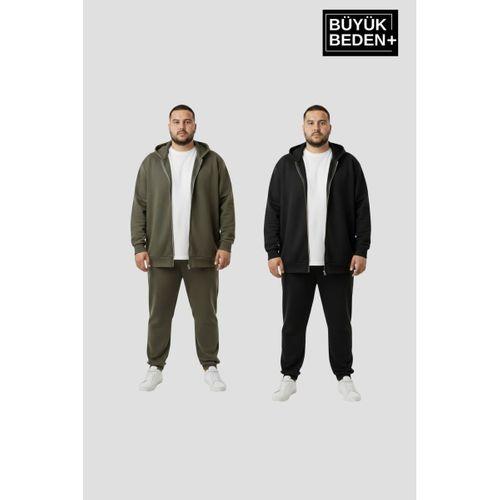 Erkek Büyük Beden Fermuarlı Kapüşonlu 2 li Set ince Sweatshirt Hırka - Rahat Kalıp SPR26BHR960+2