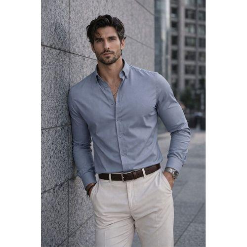 Likralı Regular Fit Nefes Alabilir Klasik Erkek Oxford Gömlek - Füme
