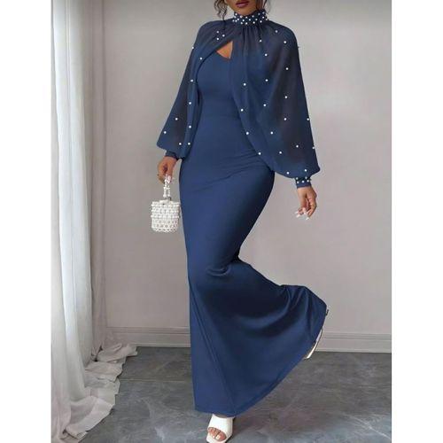 Kadın Balıkçı Yaka İnci Ve Tül Detay Dalgıç Kumaş Maxi Boy Elbise