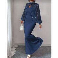 Kadın Balıkçı Yaka İnci Ve Tül Detay Dalgıç Kumaş Maxi Boy Elbise