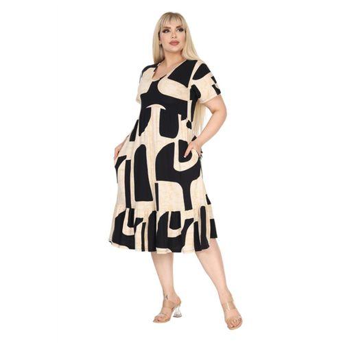 Melsay Butik Göğüsten Robalı V Yaka Kısa Kollu Bej Geometrik Desen Cepli Elbise