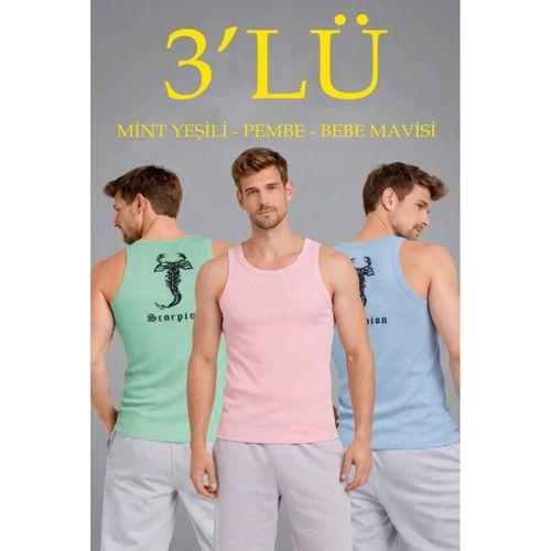 Erkek Spor Fitilli Atlet 3lü Set Mint Yeşili, Pembe Ve Bebek Mavisi Slim Fit Kaşkorse Arka Baskılı Spor Atlet