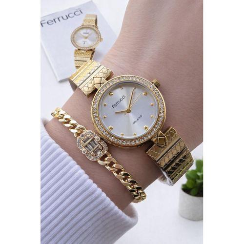 Ferrucci Çelik Kordon 2 Yıl Garantili 3 Atm Suya Dayanıklı Kadın Kol Saati+Bileklik F.EM03693.4