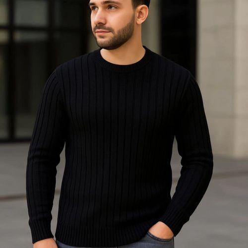 Erkek Fitilli Triko Kazak 2’li Set – Siyah - Beyaz, Kalın Dokuma Pamuklu Regular Fit Bisiklet Yaka Uzun Kollu Rahat Kışlık Kazak Kombini