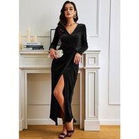 Kadın Uzun Kollu Kruvaze Yaka Yırtmaçlı Kadife Elbise