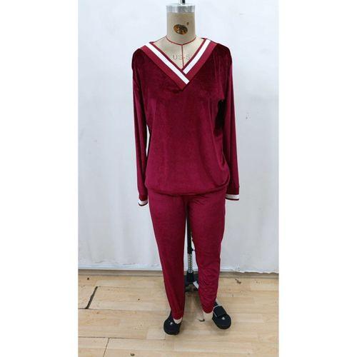 Kadın Uzun Kollu V Yaka Kadife Bluz Ve Pantolon Ikili Takım