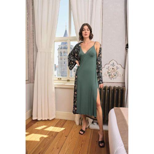 Çiçek Ve Yaprak Desenli Dantelli Ve Dekolteli Sabahlık Takımı