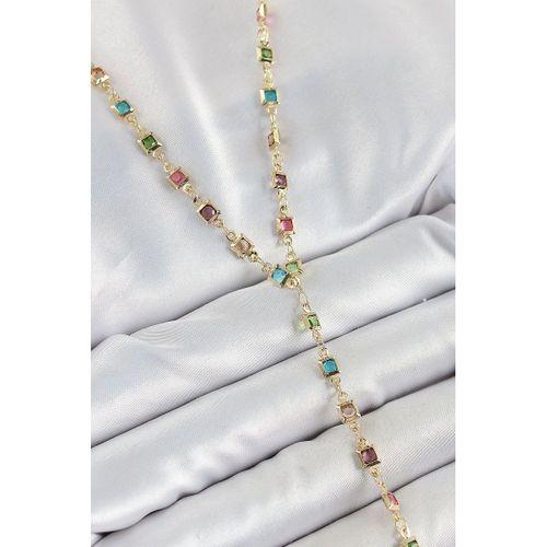 Pirinç Asorti Kare Model Gold Renk Zirkon Taşlı Y Kolye