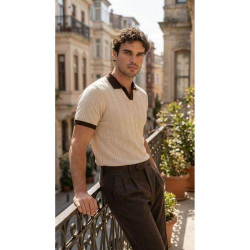 Erkek Örgü Desen Yakalı Kısa Kollu Triko Tişört - %100 Pamuk Akrilik