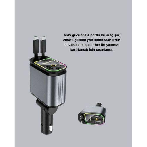 Araç Şarj Cihazı 66w 4 Portlu Hızlı Şarj Ve Led Işıklı