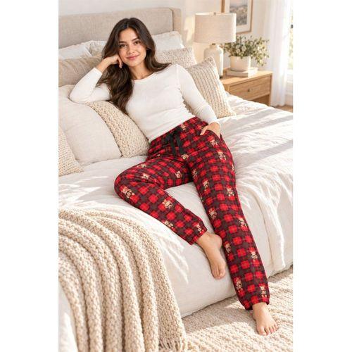 Kadın Tek Alt Pijama Pantolonu - Ekose Ve Ayıcık Desenli Cepli, Kırmızı