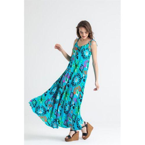 Askılı Viskon Suzan Uzun Yazlık Elbise Etnik Turkuaz Etnk trkz