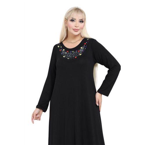 Melsay Butik Yakası Taş Detaylı Uzun Kollu Siyah Uzun Elbise