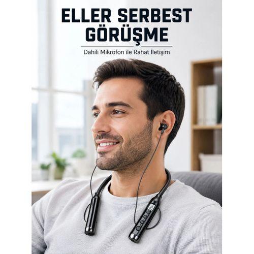 600 Saat Kullanım Süreli Boyun Tipi Bluetooth Kulaklık Mikrofonlu Dijital Göstergeli Kablosuz Kulak İçi Kulaklık