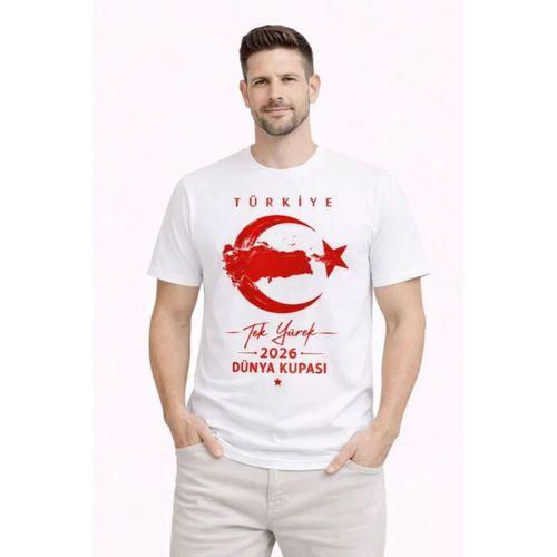 Erkek TÜRKİYE Ay Yıldız Baskılı Taraftar Forma T-Shirt - Beyaz