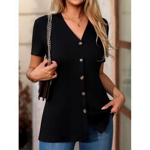 Kadın Kısa Kollu V Yakalı önü Düğmeli Viskon Bluz