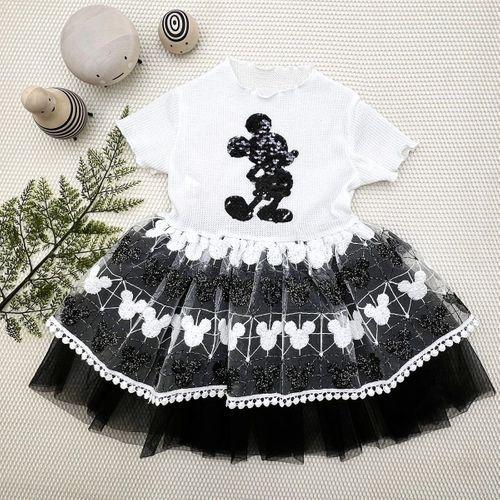 1-2-3 Yaş Payetli Mickey Baskılı Brode Etekli Kız Bebek Elbisesi Siyah