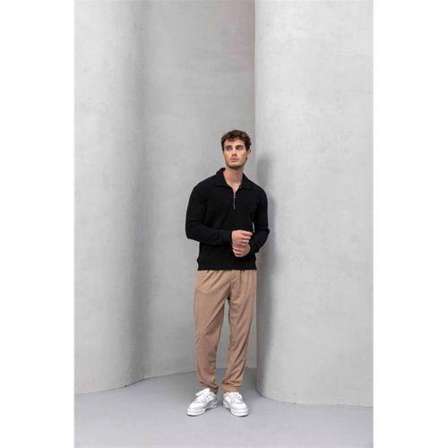 Eric Relax Fit Yarım Fermuar Polo Yaka Selanik Sweatshirt Siyah - Roy Kadife Beli Lastikli Jogger Pantolon Bej