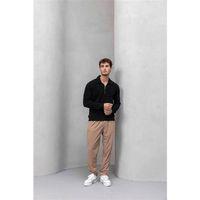 Eric Relax Fit Yarım Fermuar Polo Yaka Selanik Sweatshirt Siyah - Roy Kadife Beli Lastikli Jogger Pantolon Bej