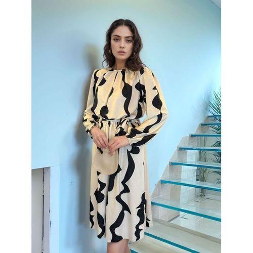 Kadın Uzun Kollu Bisiklet Yaka Geometrik Desenli Midi Dalgıç Elbise