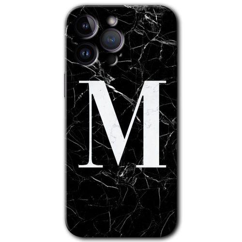 iPhone 14 Pro Kılıf HD Desen Baskılı Arka Kapak - Siyah Mermer Desenli M Harfi