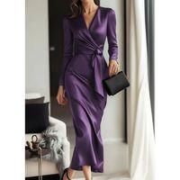 Kadın Uzun Kollu Kruvaze Yakalı Beli Kuşaklı Uzun Saten Elbise