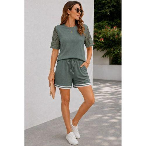 Kadın Kısa Kollu Bisiklet Yakalı Waffle Bluz Ve Short Ikili Takım