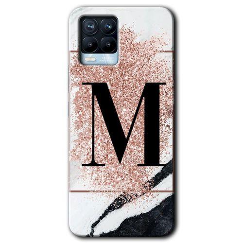 Realme 8 Pro Kılıf HD Desen Baskılı Arka Kapak + Temperli Cam - Pembe Mermer Desenli M Harfi