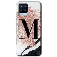 Realme 8 Pro Kılıf HD Desen Baskılı Arka Kapak + Temperli Cam - Pembe Mermer Desenli M Harfi