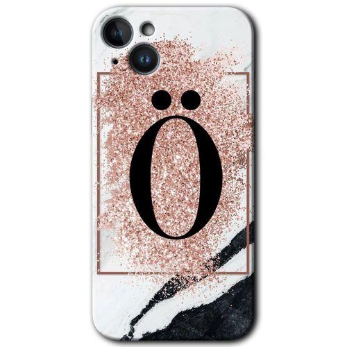 iPhone 14 Plus Kılıf HD Desen Baskılı Arka Kapak - Temperli Cam - Pembe Mermer Desenli Ö Harfi