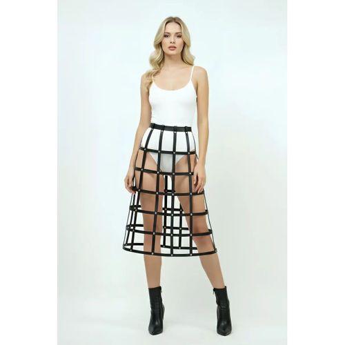 Siyah Etek Deri Şeritli Kafes Detaylı Etek Midi Boy Deri Etek - Brf1396