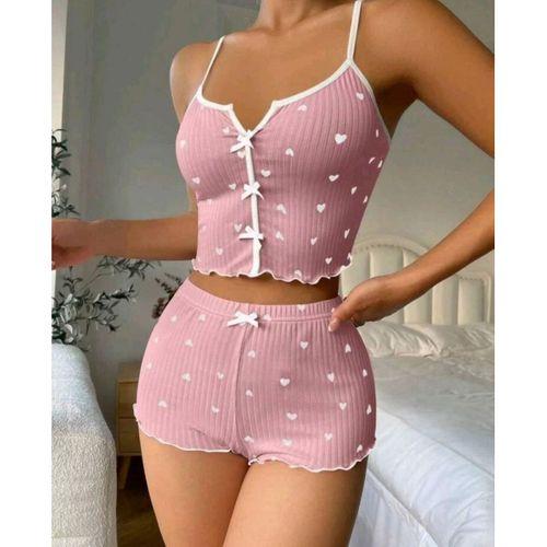 Kadın Pembe Kalp Desenli Askılı Şortlu Pijama Takımı Rahat Şık 2’li Set
