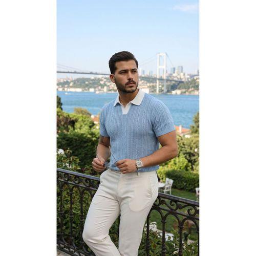 Erkek Desenli Kısa Kollu Triko Tişört - %100 Pamuk Akrilik