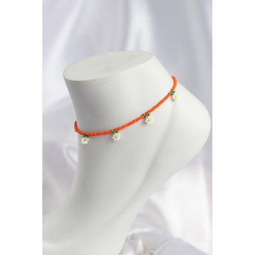 Turuncu Renk Boncuklu Papatya Motifli Halhal