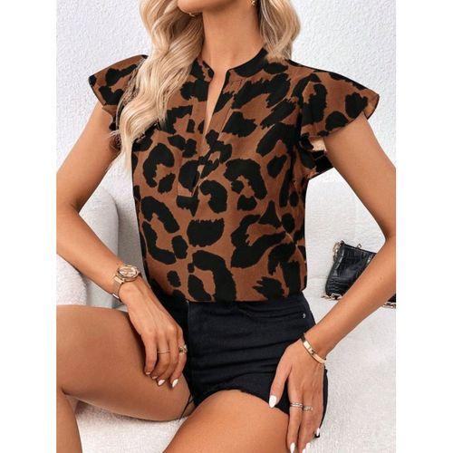 Kadın Kısa Fırfır Kollu V Yakalı Leopar Desenli Süprem Bluz
